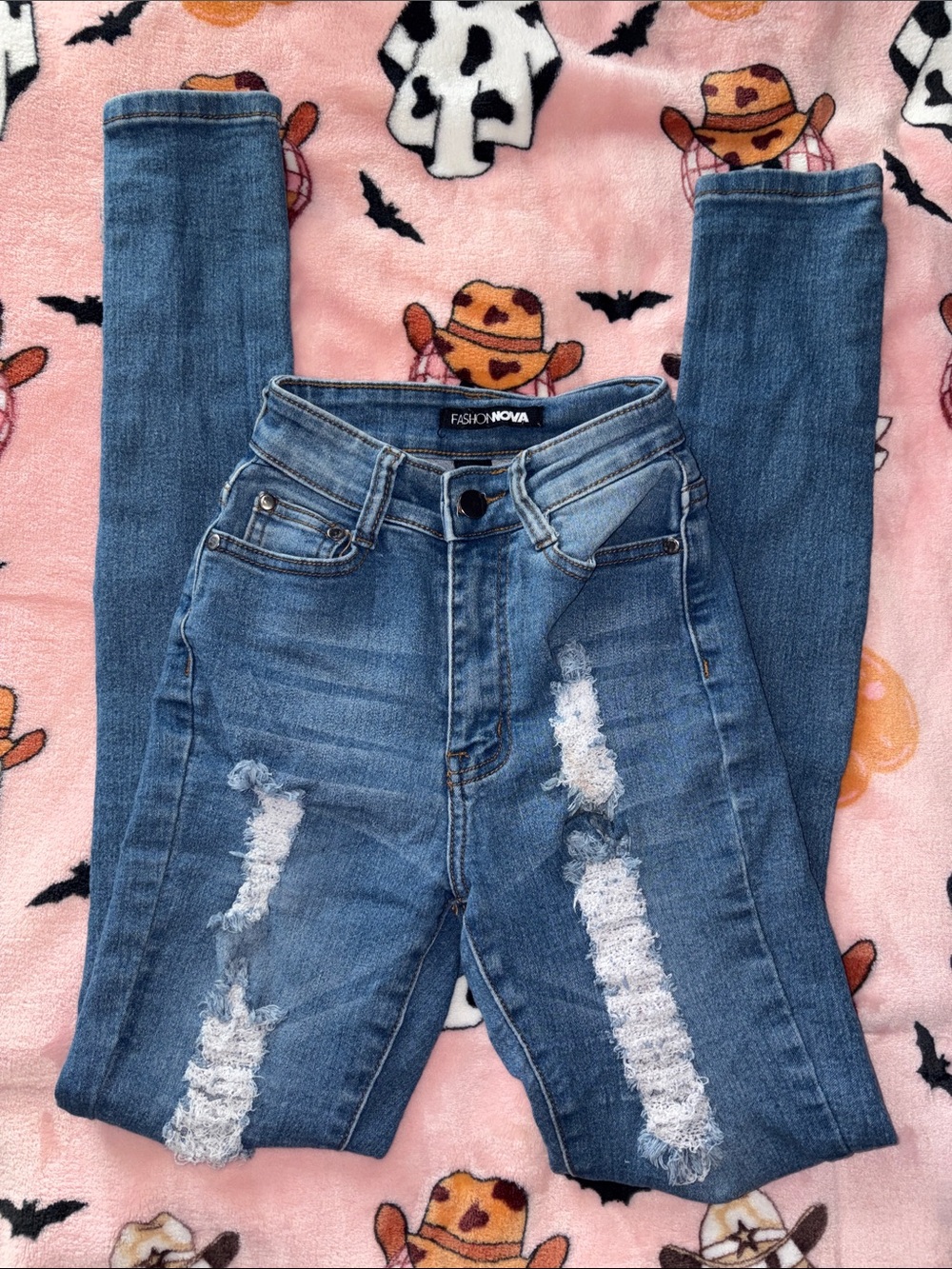 Fashion Nova Distressed Medium Blue High-Rise Skinny Jeans